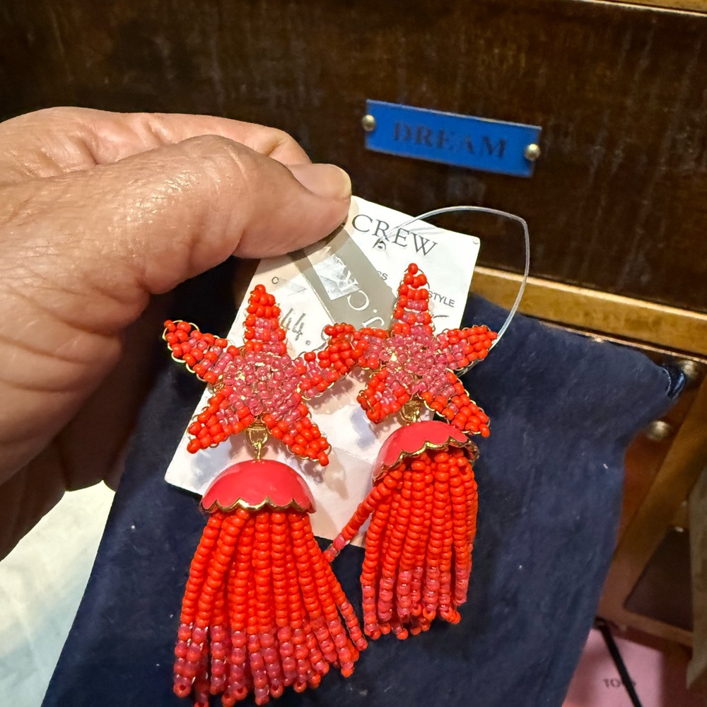 J. Crew Red Star Tassel Earrings